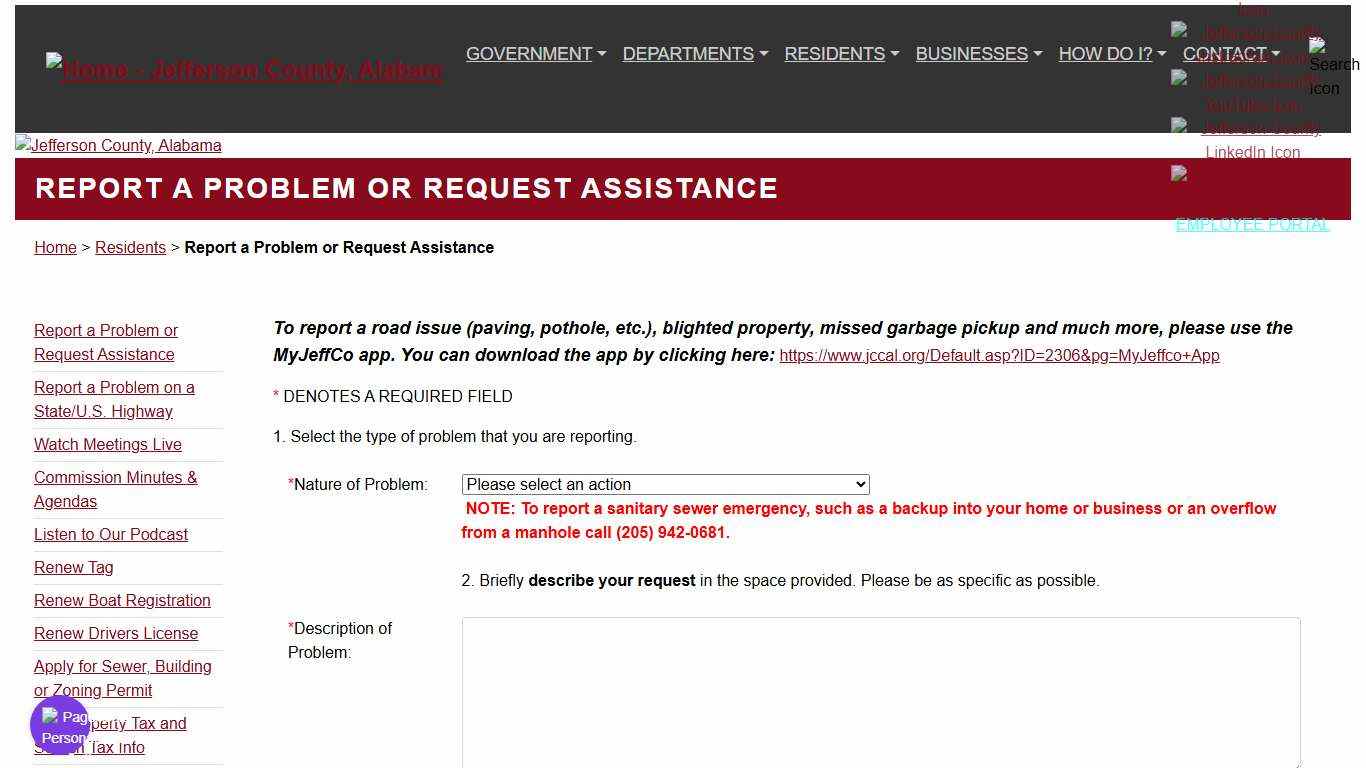 Jefferson County – Report a Problem or Request Assistance